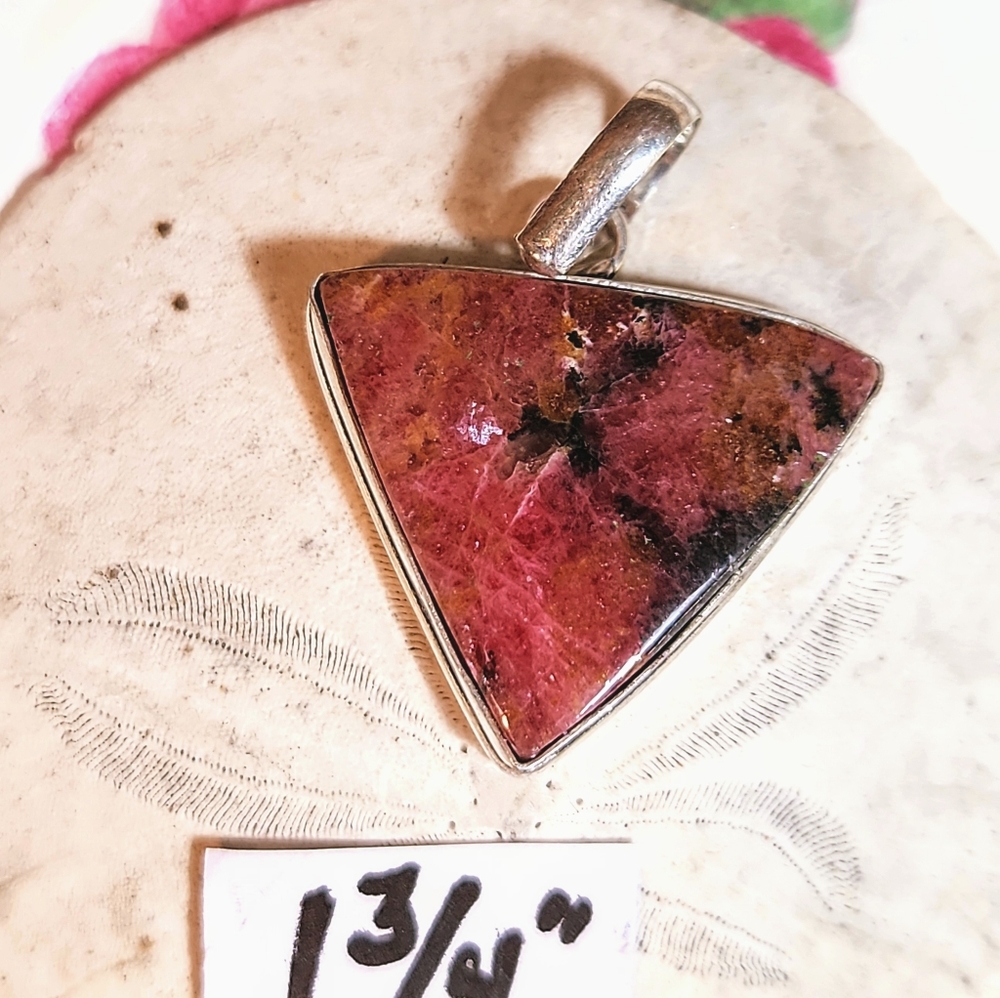 Bright, Pink With Black, Triangular-Shaped, Natural Rhodonite Cabochon Pendant